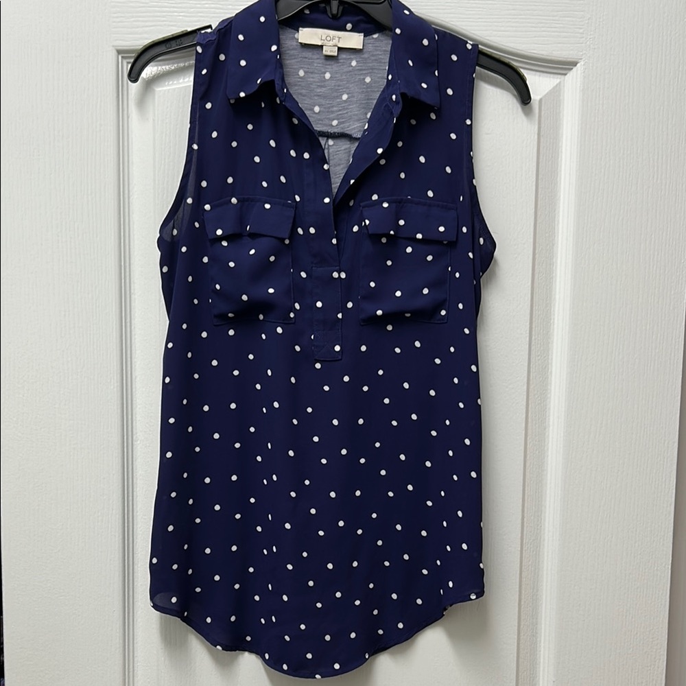 LOFT Polka Dot Navy Button Down Polo Blouse